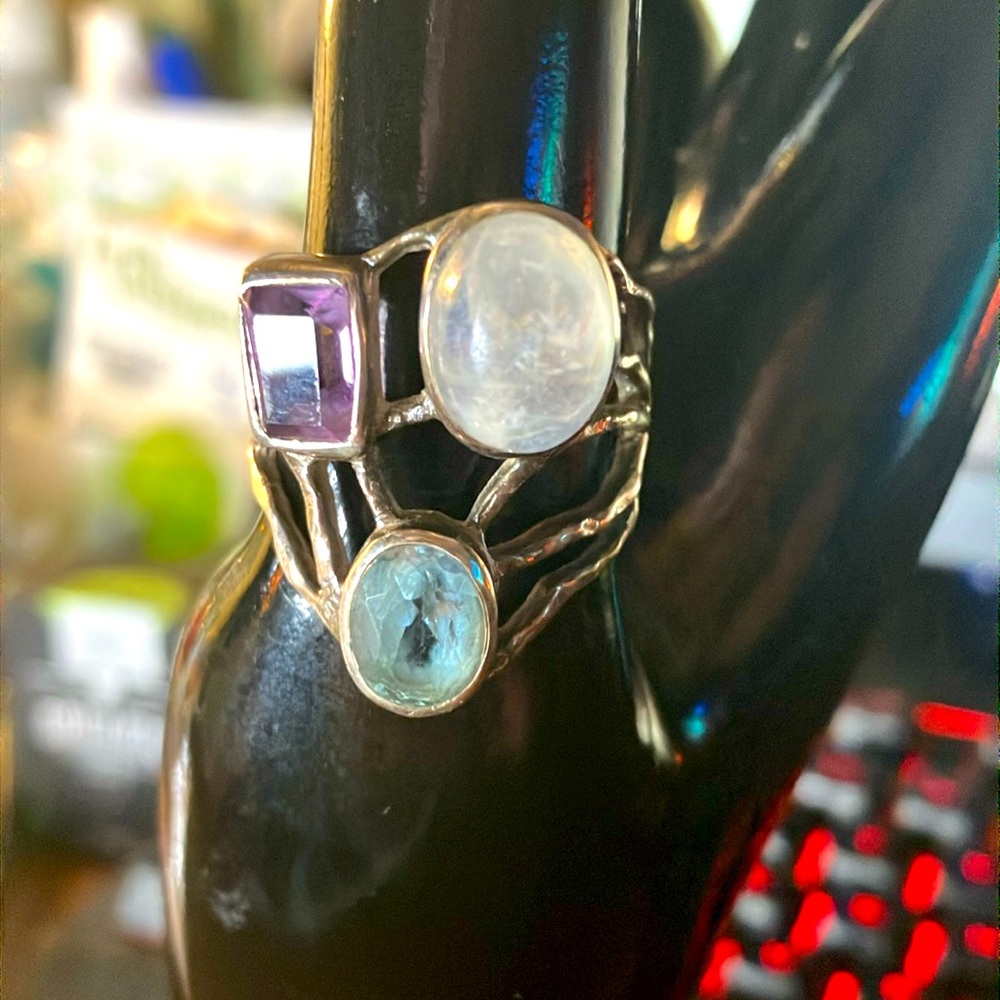 Sterling Silver .925 Moonstone, Amethyst & Topaz Ring Size 8